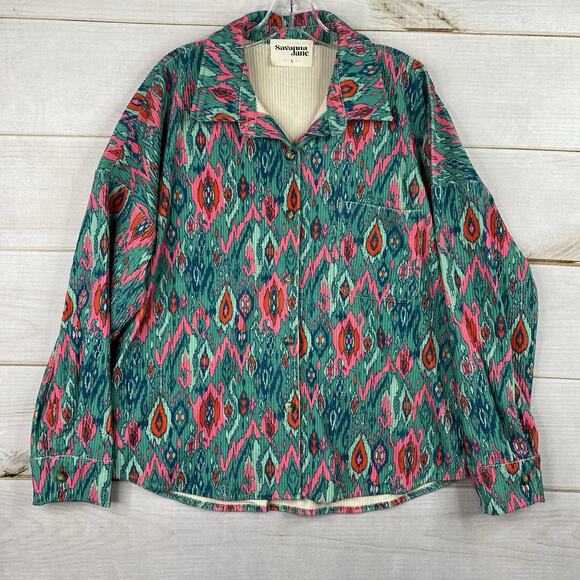 Savanna Jane Jacket Womens L Green Pink Floral Aztec Corduroy Button Up Boho - Picture 1 of 10